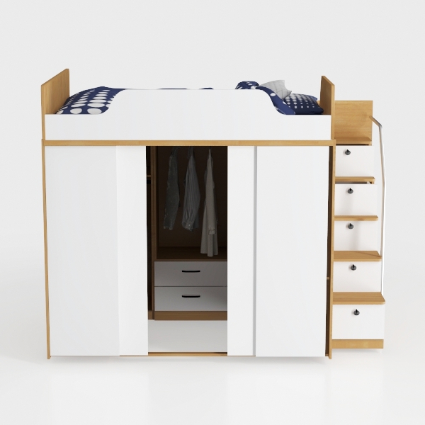 Wood Loft Bed Full Size with Build-in Wardrobes Ca