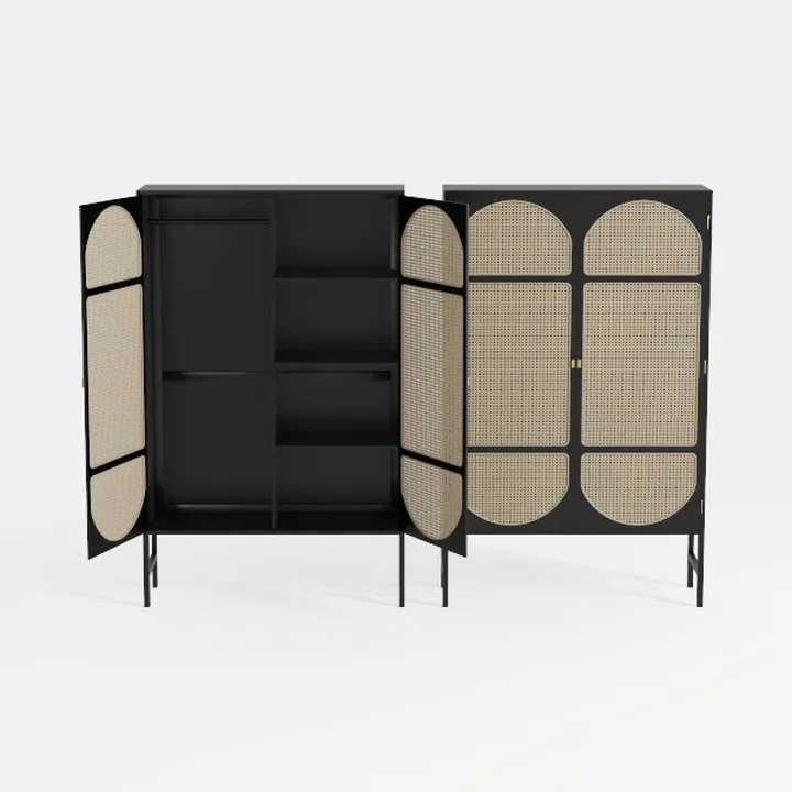 Modern Black Metal Cane Accent Cabinet With Open Storage 3D Model