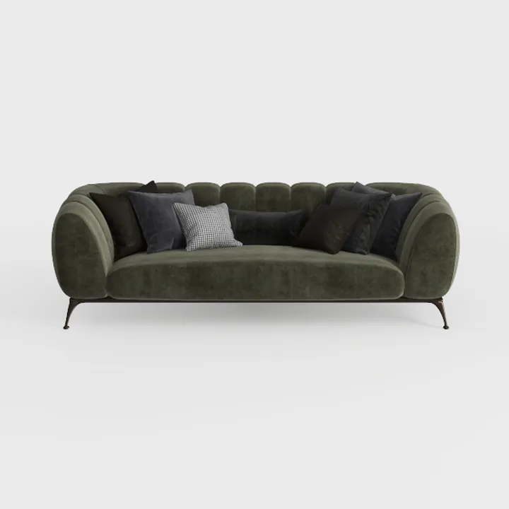 Modern Dark Green Velvet Upholstered Tufted Sofa With Throw Pillows 3D Model