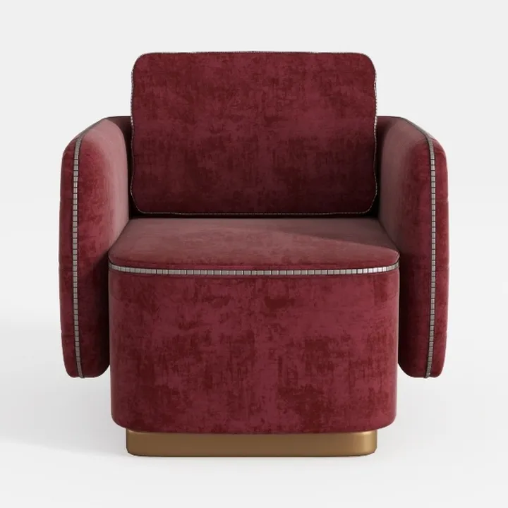 Modern Burgundy Velvet Upholstered Armchair with Brass Base 3D Model