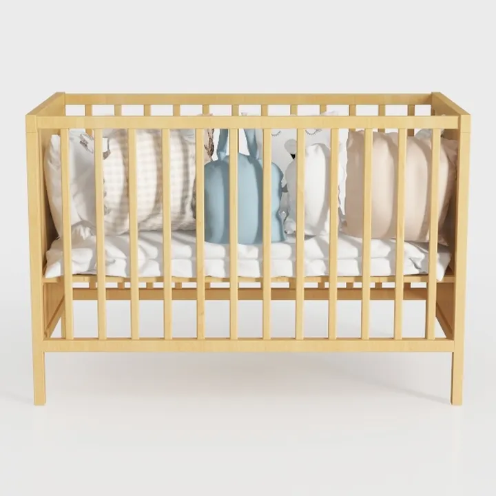 Minimalist Solid Wood Baby Crib with Bedding 3D Model