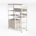 Modern White Oak Metal Kitchen Baker's Rack With Storage Drawer Cabinets 3D Model Left 45 Degree View