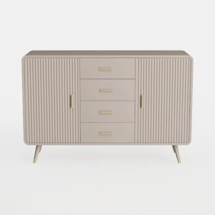 Modern Fluted Solid Wood Sideboard with Gold Hardware 3D Model