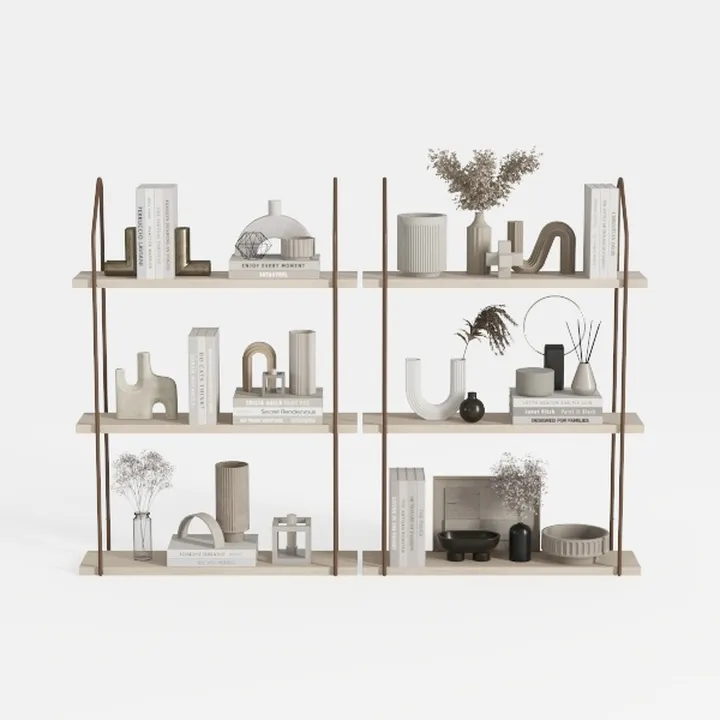 Minimalist Neutral Solid Wood Metal Wall Mounted Bookshelf 3D Model