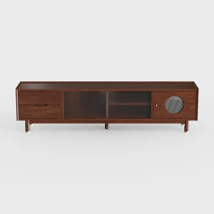 Minimalist Walnut Solid Wood TV Stand With Fluted Glass Doors 3D Model