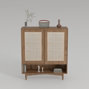 Mid Century Modern Solid Wood Rattan Accent Cabinet 3D Model