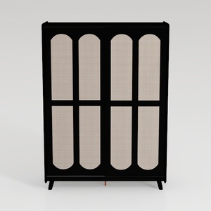 Minimalist Black Solid Wood Rattan Wardrobe 3D Model