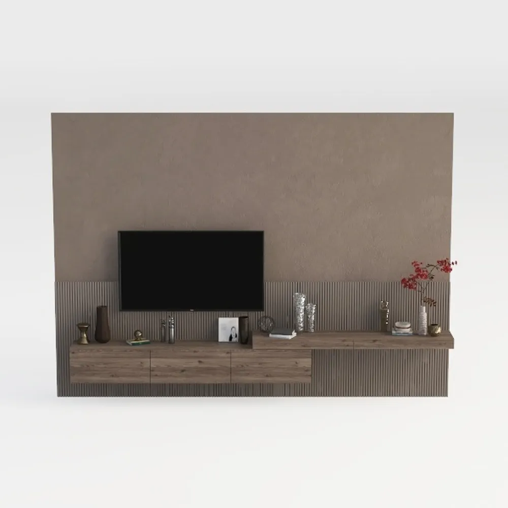 Modern TV Stand with 3 Cabinets & Open Shelves