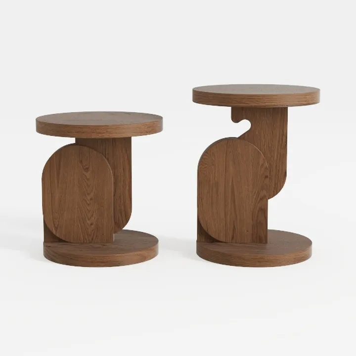 Minimalist Solid Oak Round Side End Tables Unique Geometric Design 3D Model