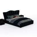 Velvet Upholstered Modern King Bed with Matching Nightstands 3D Model Right 45 Degree View