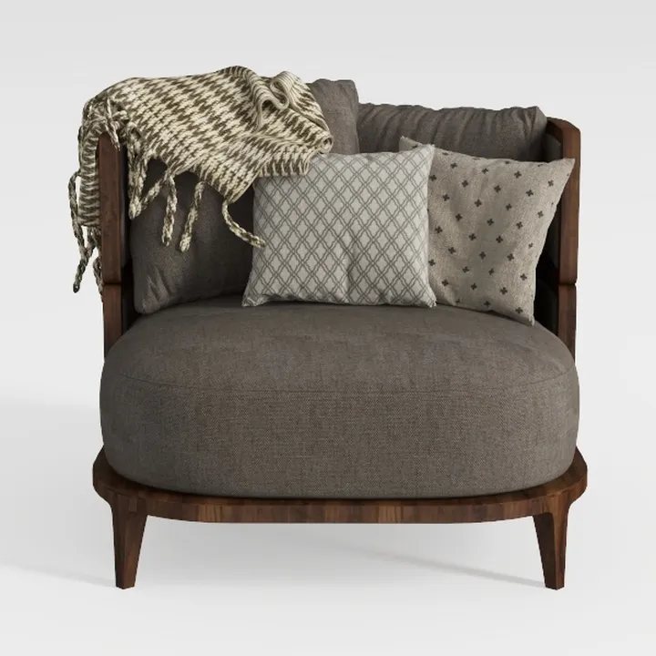 Modern Walnut Frame Linen Fabric Upholstered Barrel Chair 3D Model