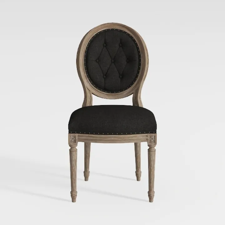 French Vintage Solid Wood Black Fabric Tufted Dining Chair 3D Model