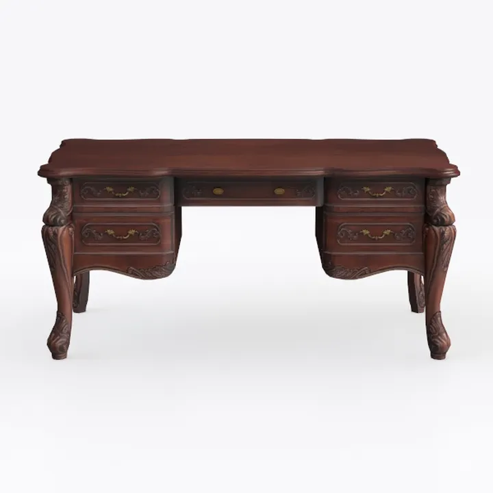 Vintage Carved Solid Wood Executive Desk 3D Model