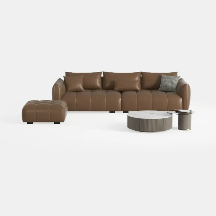 Modern Brown Leather Sectional Sofa with Ottoman Coffee Table Side Tables 3D Model