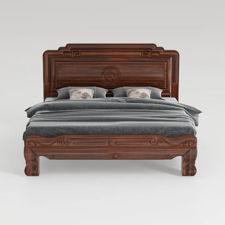 Vintage Solid Wood Carved Luxury King Bed 3D Model