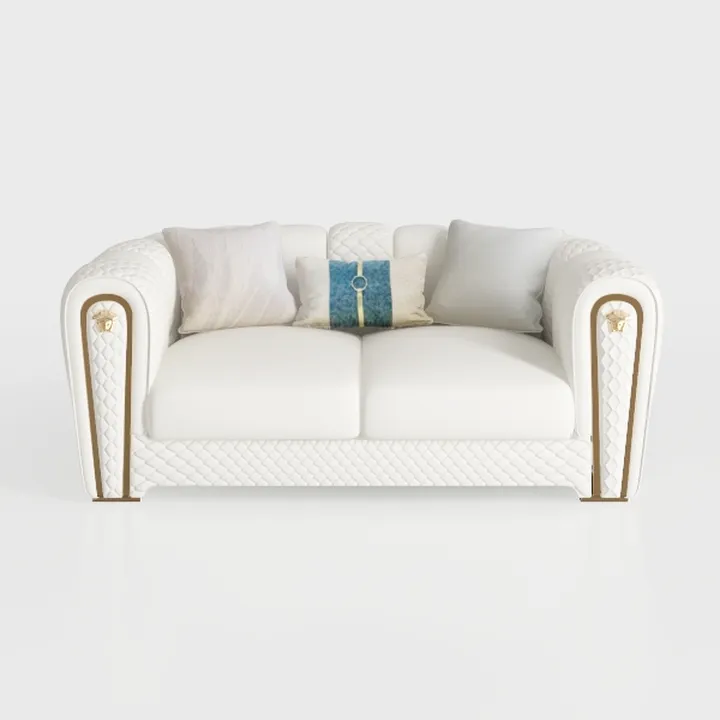 Luxury Art Deco White Leather Quilted Loveseat with Gold Accents 3D Model
