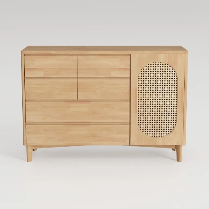 Japandi Solid Wood Rattan Accent Storage Dresser 3D Model
