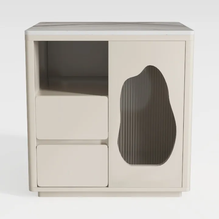 Minimalist Marble Top Solid Wood Nightstand With Fluted Glass Door 3D Model