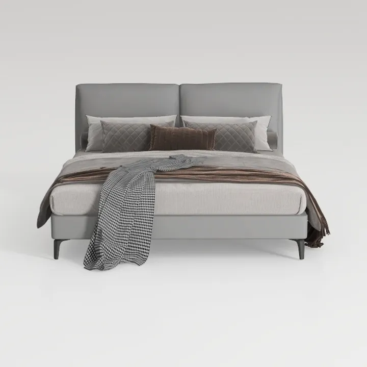Modern Minimalist Gray Leather Upholstered Bed with Decorative Pillows 3D Model