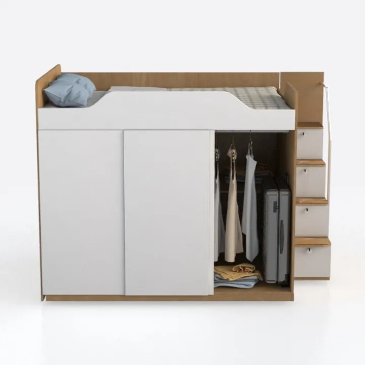 Wood Loft Bed Full Size with Build-in Wardrobes Ca