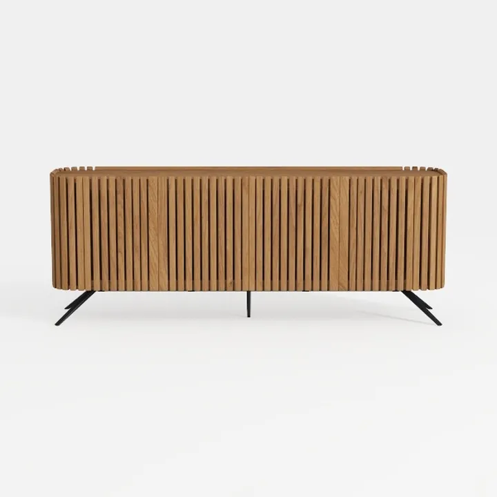 Modern Solid Oak Slatted Sideboard with Black Metal Legs 3D Model