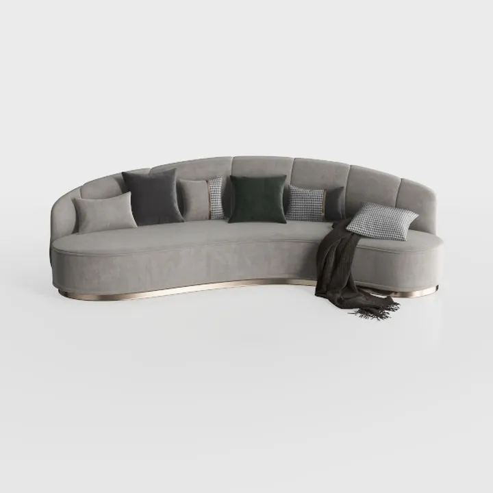Modern Grey Velvet Curved Sectional Sofa With Decorative Pillows 3D Model