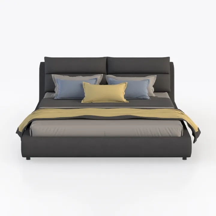 Minimalist Dark Fabric Upholstered King Bed With Decorative Pillows 3D Model