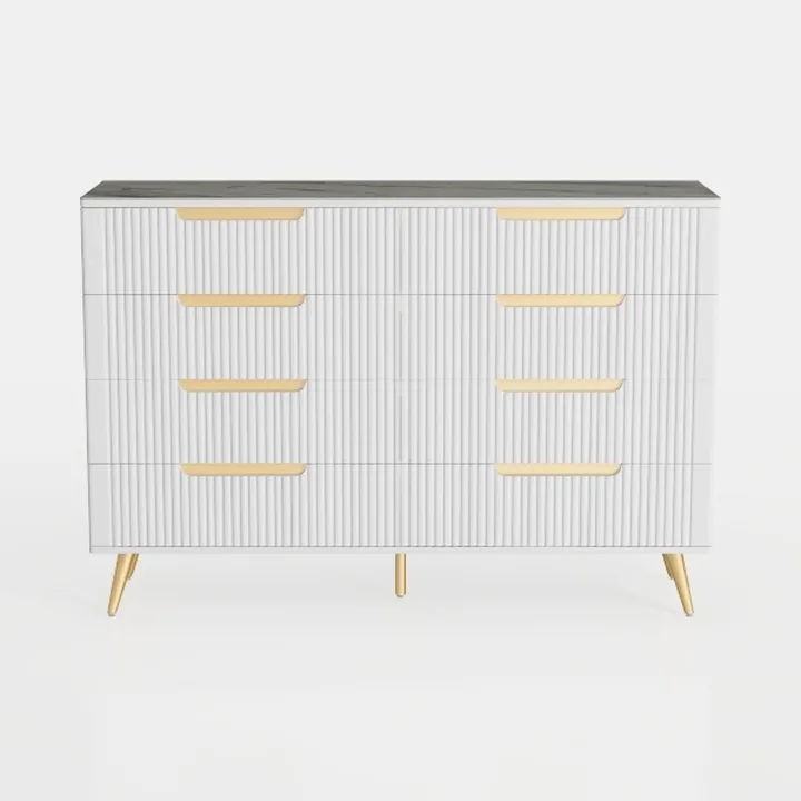 Modern Fluted White Gold Accent Cabinet With Marble Top 3D Model
