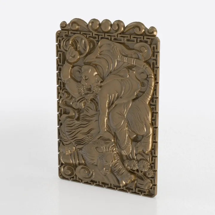 Brass Vintage Chinese Tiger Carved Wall Decor Panel 3D Model
