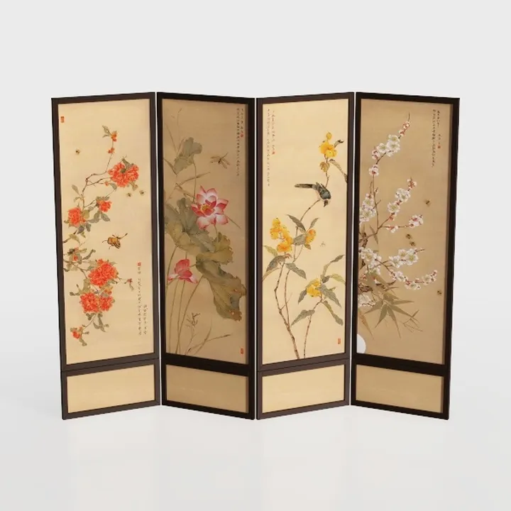 Traditional Chinese Floral Print Wooden Folding Screen 3D Model