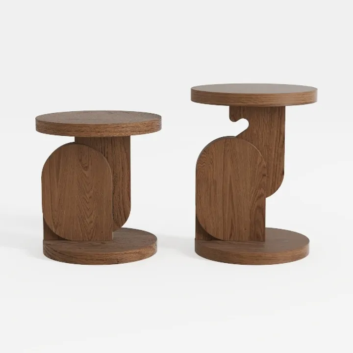 Minimalist Solid Oak Round Side Table Set Unique Geometric Design 3D Model