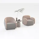 Minimalist Fabric Armchairs and Round Side Table 3D Model Right 45 Degree View