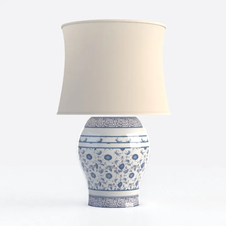 PURESILKS Modern Blue Ceramic & Linen Table Lamp