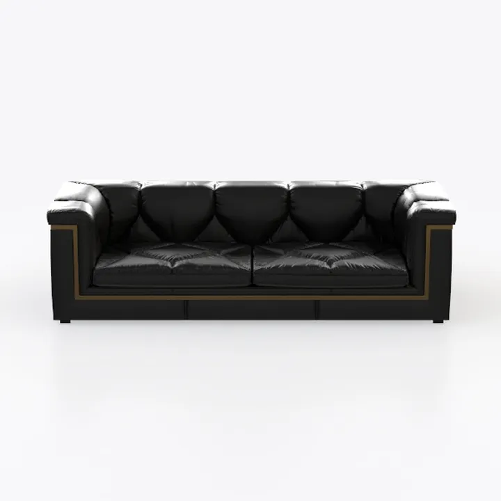 Luxury Black Leather Gold Trim Tufted Sofa 3D Model