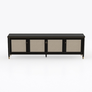 Modern Black Solid Wood Cane Front TV Stand Cabinet with Brass Accents 3D Model