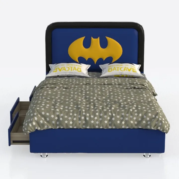 Cartoon Batman Themed Kids Storage Bed With Upholstered Headboard 3D Model