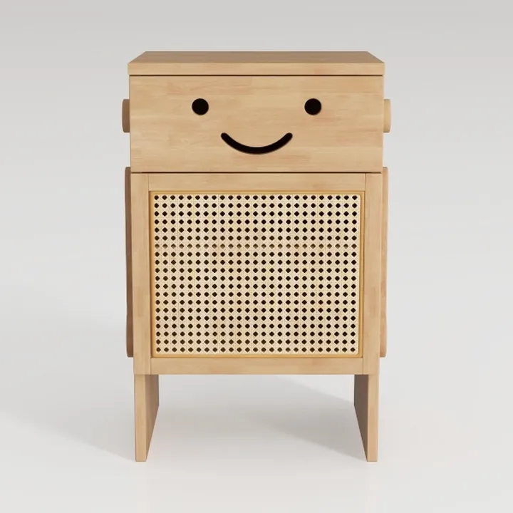 Cute Cartoon Solid Wood Rattan Nightstand 3D Model