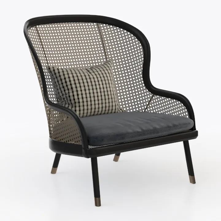Modern Black Frame Rattan Fabric Upholstered Accent Armchair 3D Model