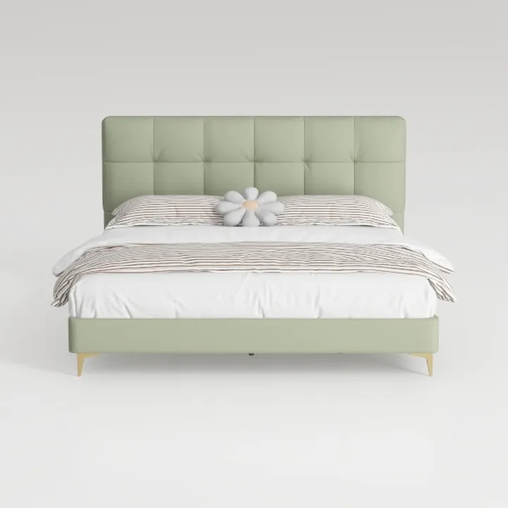 Modern Sage Green Leather Upholstered Platform Bed with Gold Legs 3D Model