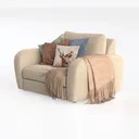 Minimalist Linen Fabric Armchair with Decorative Pillows and Throw 3D Model Left 45 Degree View