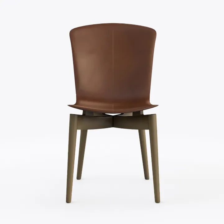 Modern Brown Leather Wooden Dining Chair 3D Model
