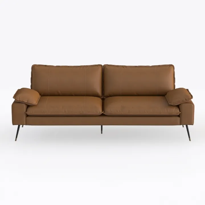 Modern Minimalist Brown Leather Metal Leg 3 Seater Sofa 3D Model