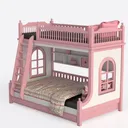 Pink Kids Bunk Bed with Storage Shelves and Drawers 3D Model Left 45 Degree View