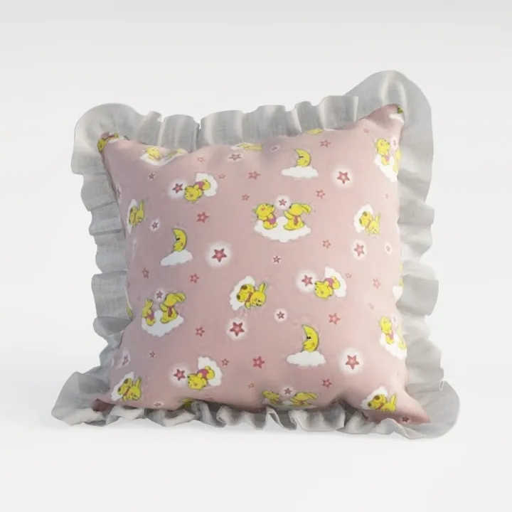 Cute Cartoon Printed Ruffled Linen Throw Pillow 3D Model