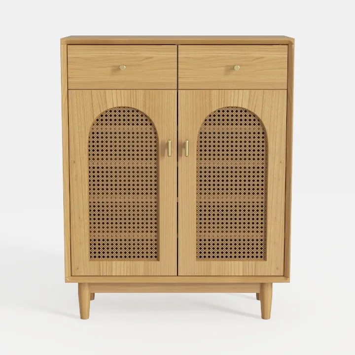 Minimalist Japandi Oak Rattan Double Door Cabinet With Drawers 3D Model