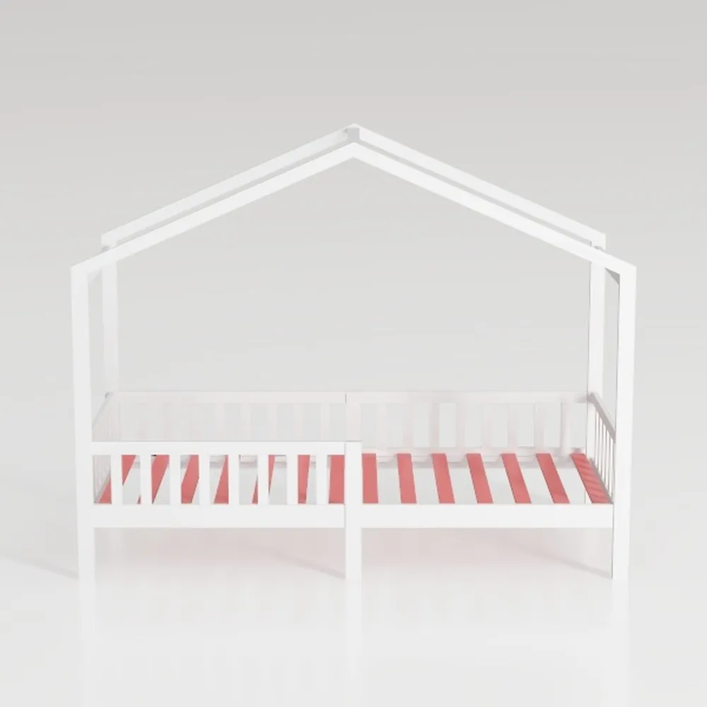 Twin Size Metal House Platform Bed with Guardrail 