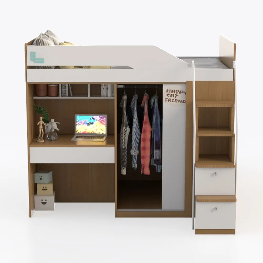 White Twin Size Loft Bed with Desk, Bookshelf and 
