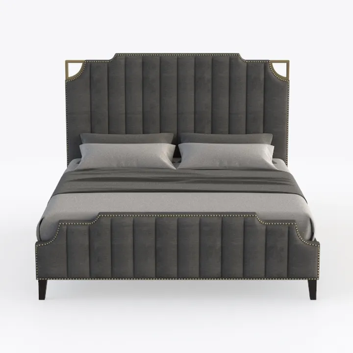 Modern Velvet Upholstered Tufted King Bed With Brass Accents 3D Model