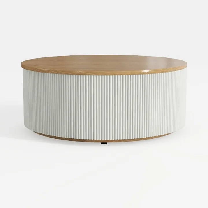 Round Storage Ottoman with Wooden Lid, Tufted Tedd