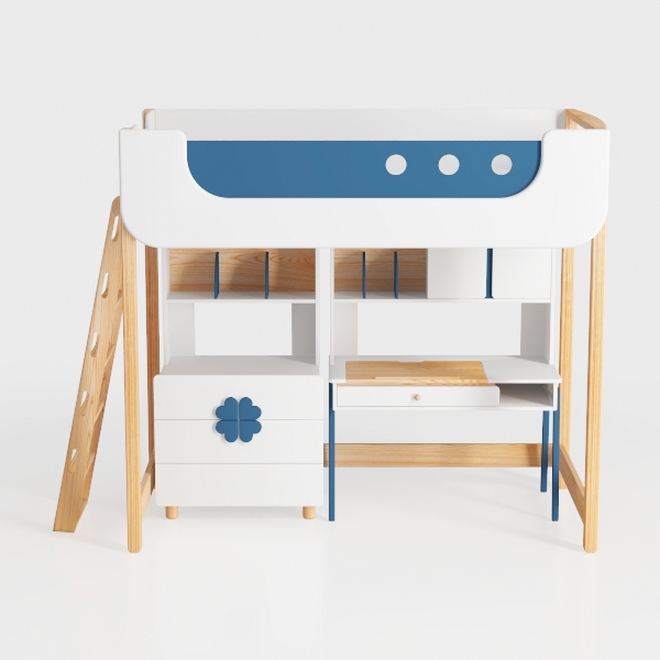 Blue Twin-Over-Twin Castle Style Bunk Bed with 2-D
